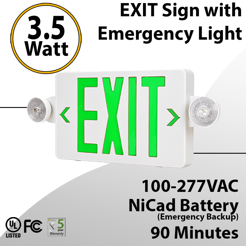 EXIT sign Green with Emergency Light Combo 90 minute discharge 3.5W with Battery