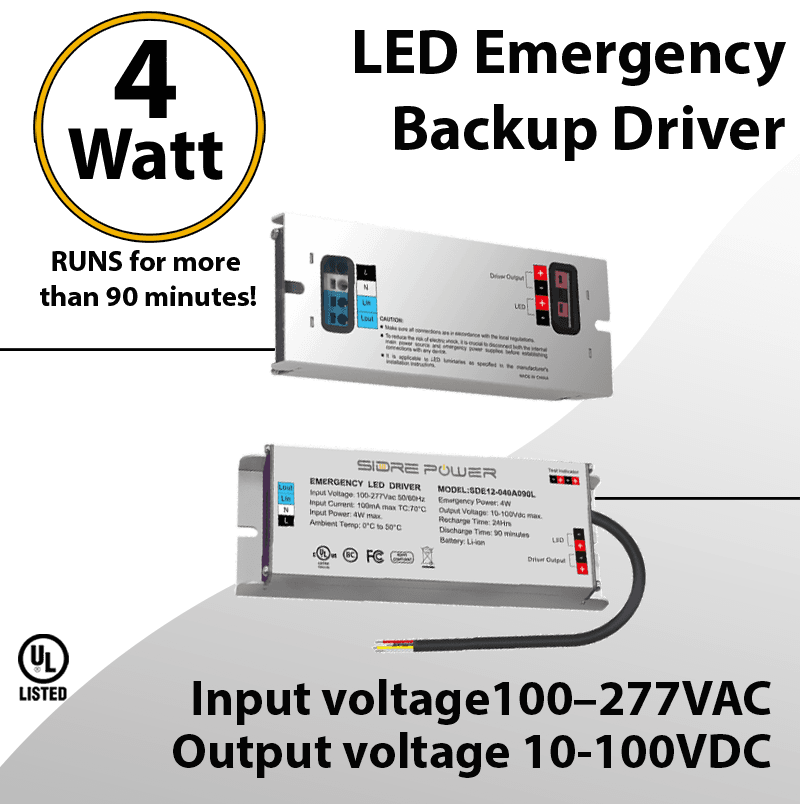 LED Emergency Backup Driver 4W Constant Power Output 10-100VDC UL