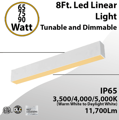 8FT LED Linear Light | Selectable CCT | 65W/75W/90W | Damp Rated