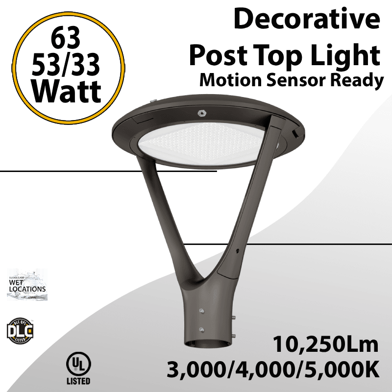 Decorative Post Top Light 63/53/33W 10250LM 3CCT Photocell M.Sensor