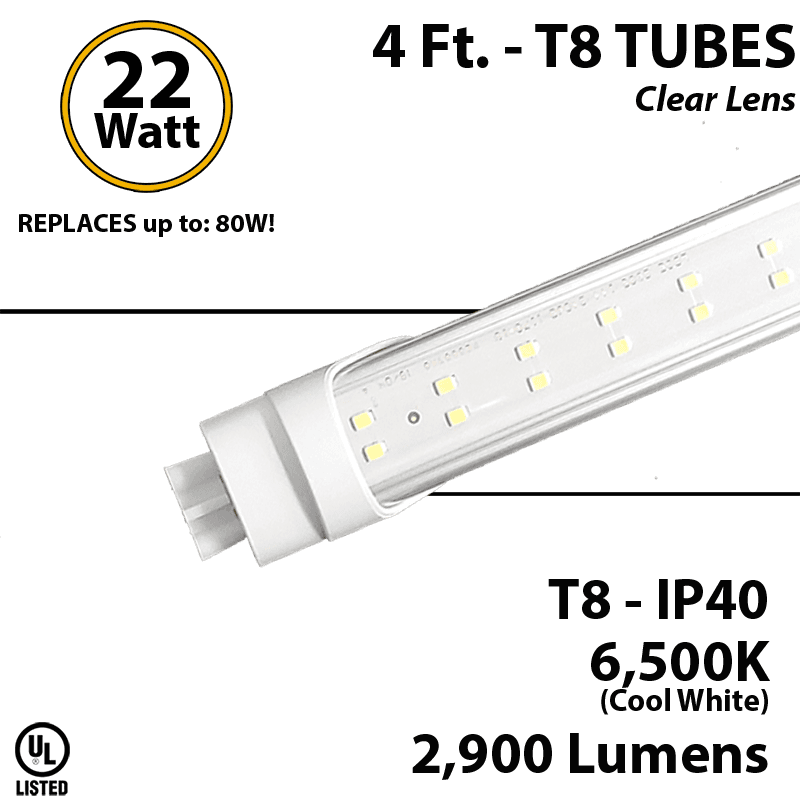 LED Tube Light 22W 4ft 2900Lm, 6500K Clear IP40 UL 2 end power