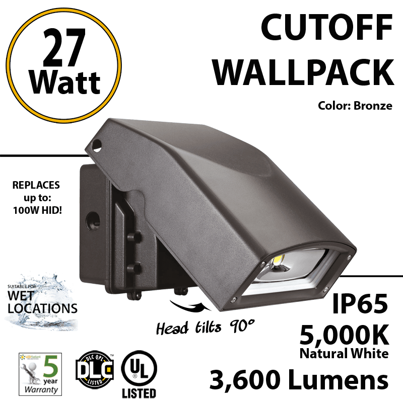 LED Wall Pack light CUTOFF 27W 3600Lm 5000K IP65 UL DLC