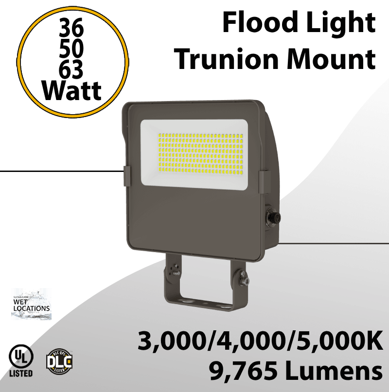 LED Flood Light Trunion 36W 50W 63W 9765Lm 30K 40K 50K Photocell