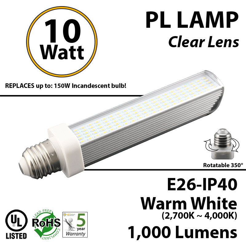 10W, PL LED Bulb lamp, 2700K, E26, UL. Direct Line (Remove Ballast)