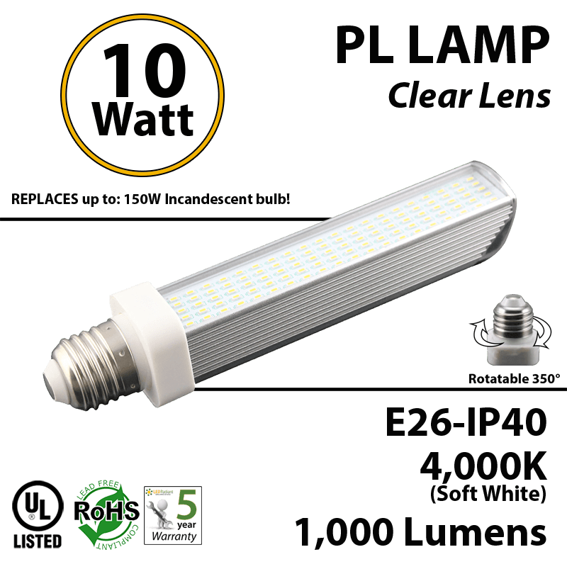 10W, PL LED Bulb lamp, 4000K, E26, UL. Direct Line (Remove Ballast)