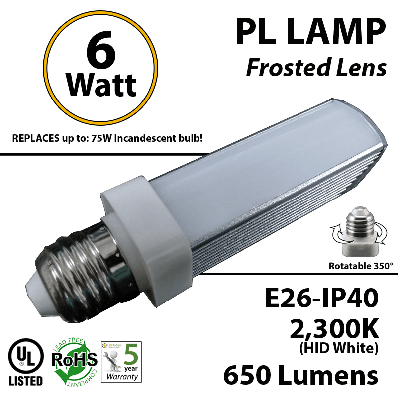 6W PL LED Bulb lamp 2300K E26 UL.Frosted. Direct Line (Remove Ballast)