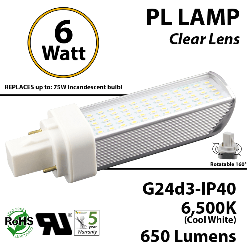 6W PL LED Bulb lamp 650Lm 6500K G24-d3 IP40 UL. Direct Line (Remove Ballast)