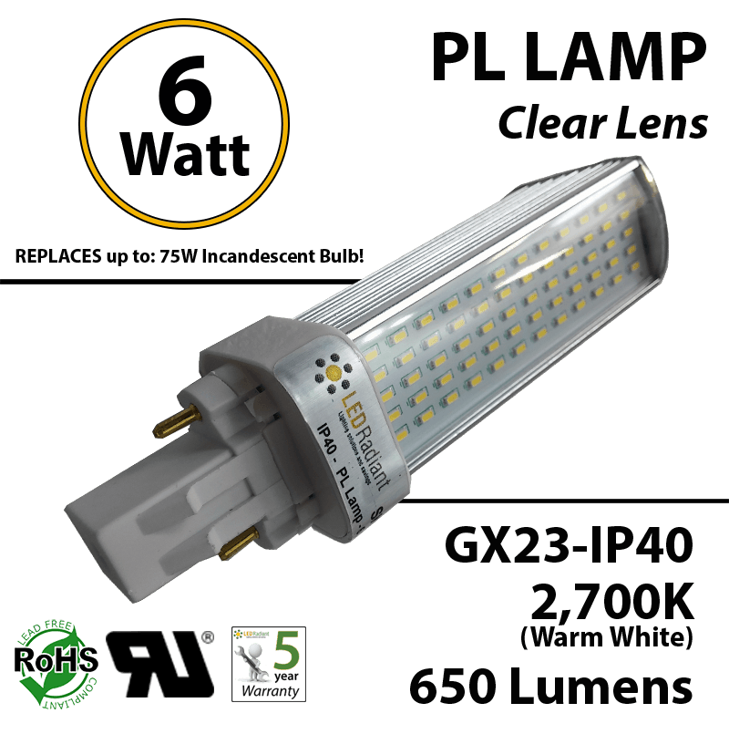 6W PL LED Bulb lamp 650Lm 2700K GX23 IP40 UL. Direct Line (Remove Ballast)