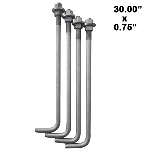 Steel or Aluminum Pole Concrete Anchor Bolt Kit 4 pcs for 30" x 0.75"