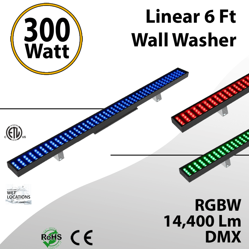Linear 6 Ft Wall Washer RGBW 300W 14,400Lm IP67 DMX – Waterproof