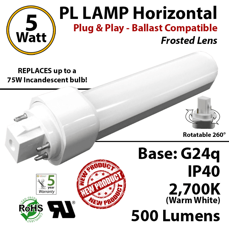 5W PL LED Lamp 500Lm 2700K Frosted Lens G24q IP40 UL. Ballast compatible