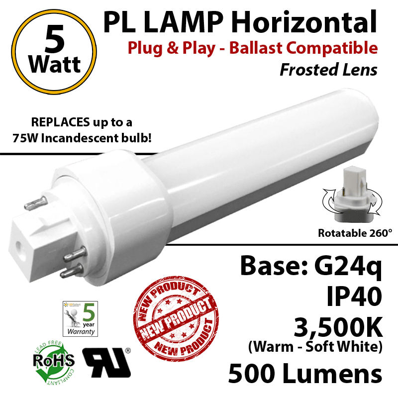 5W PL LED Lamp 500Lm 3500K Frosted Lens G24q IP40 UL. Ballast compatible
