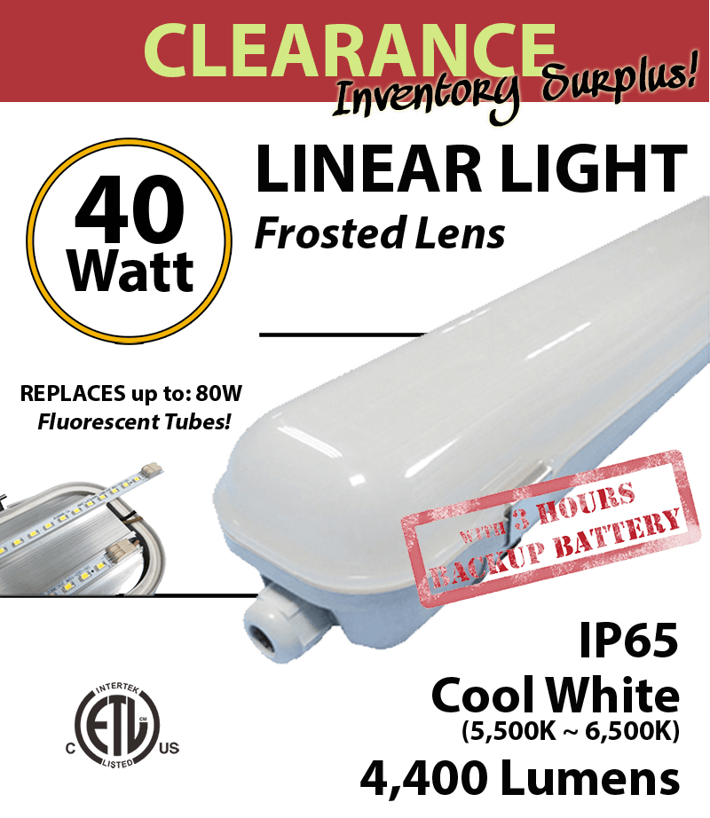 Linear Light Vapor Tight Waterproof 40W with Battery Backup 4400Lm 6000K