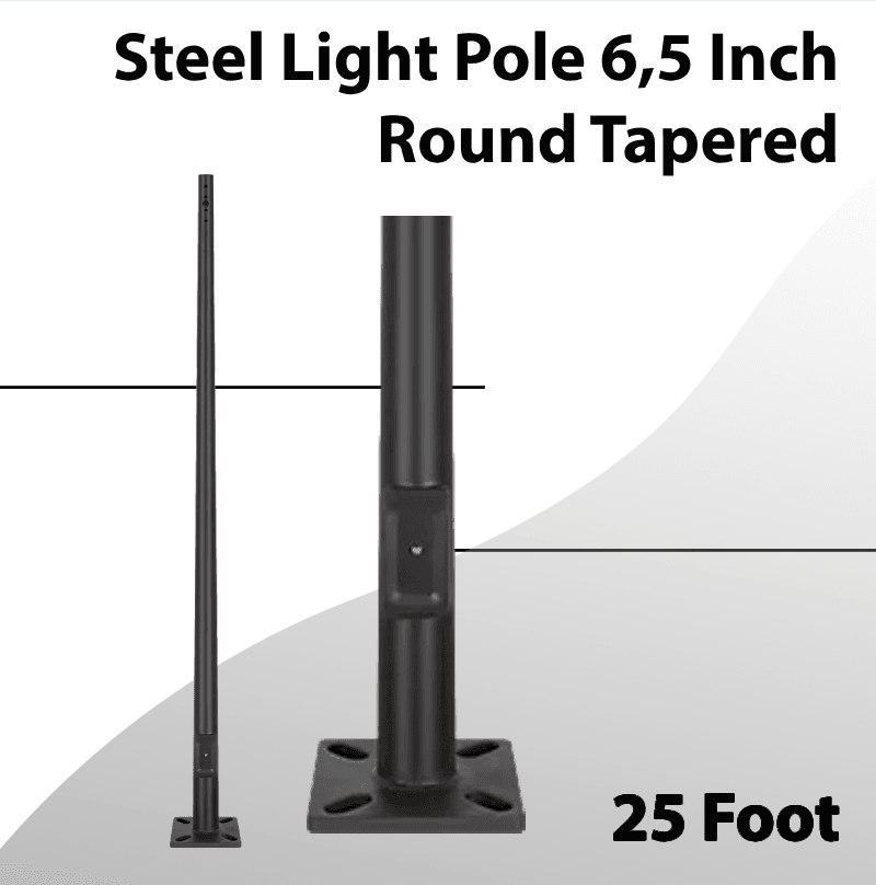 Steel Light Pole 25 Foot - 6,5 Inch Round Tapered