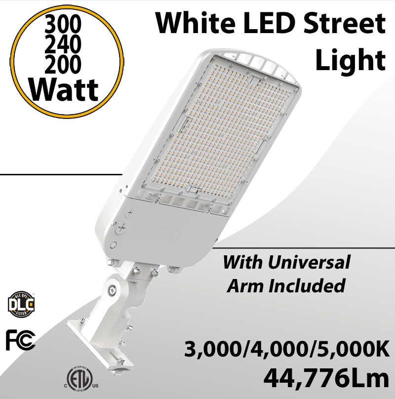 White LED Street Light 300/240/200W 3/4/5K W/ Universal Arm Included