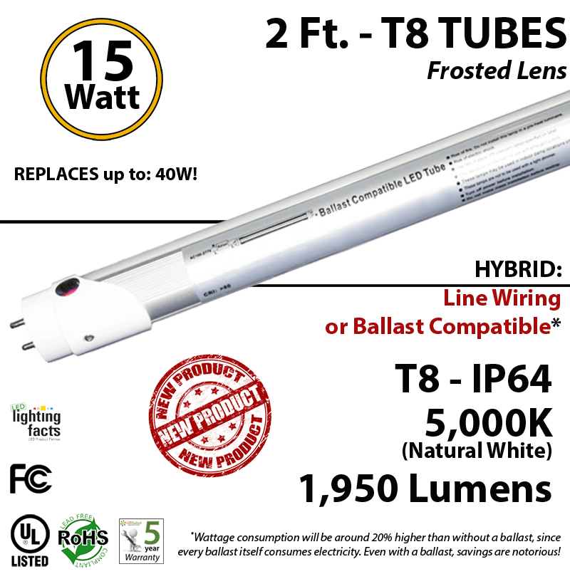 15W 2 Ft. LED T8 Aluminum Tube Light 5000K Frosted Lens 1950 Lumens Plug & Play or Line Wiring (Hybrid)
