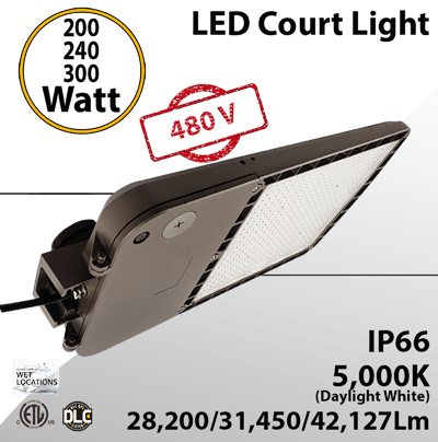 High Voltage 480V LED Sports Court Light - 200/240/300W, 42127 Lm, 5000K