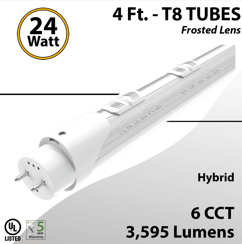 LED T8 Bulb Tube Light 4Ft 10W-24W 3595Lm 6CCT Frosted Lens Hybrid