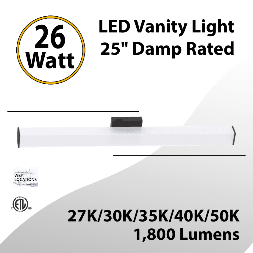 LED Vanity Light 25" 26W 1800Lm 5CCT Selectable Damp Rated