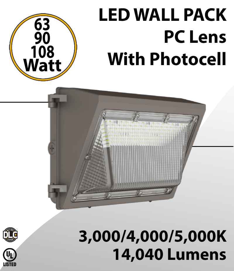 LED Wall Pack PC Lens 63/90/108W 3000K/4000K/5000K w/Photocell