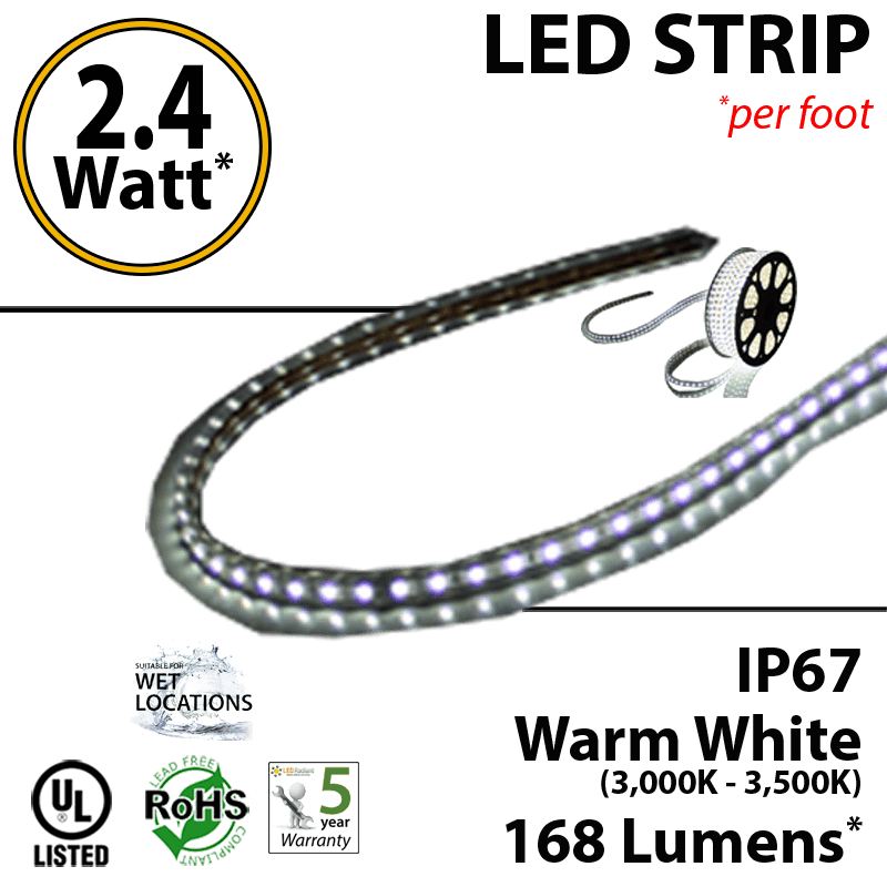 2.4W p/feet LED STRIP per foot Warm white (3,000K-3,500K) 70 Lumens p/watt